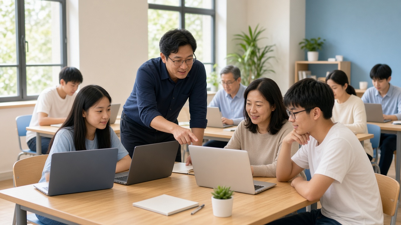 導師在明亮的課室裡，帶學生和成人學員一起用手提電腦練習